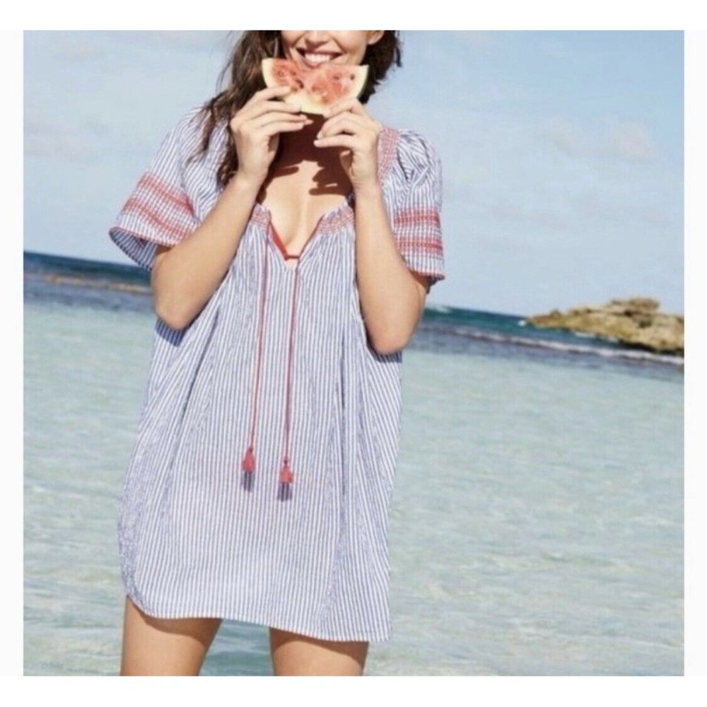 J. Crew Embroidered Tie Front Striped Tunic Sz XS